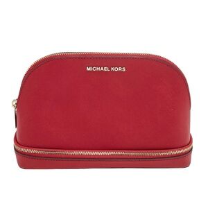 Michael Kors Travel Dome Cosmetic Pouch Bag Red Scarlet Leather Gold Hardware